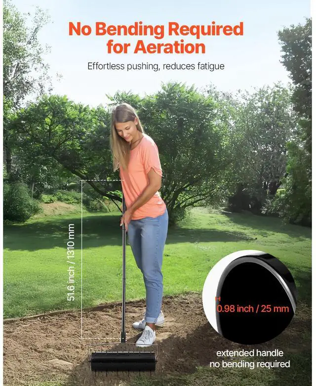 Alt view image 6 of 8 - VEVOR Rolling Lawn Aerator, 21-inch Heavy-Duty Manual Rolling Aerator Lawn with Detachable Handle and 33 Iron Spikes, Rolling Lawn Aeration Tool for Garden Patio Yard Compacted Soils and Lawns, Black