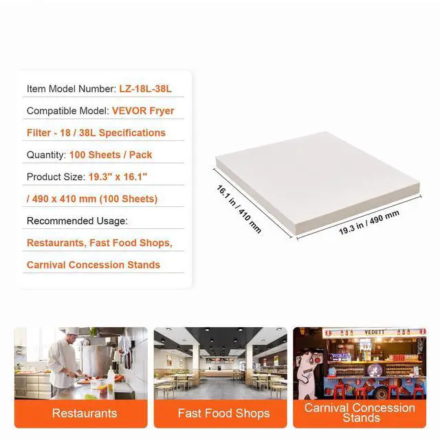 Alt view image 14 of 14 - VEVOR Fryer Filter Paper, 100 Sheets, 19.3" x 16.1", Replacement Deep Fryer Filter Sheets for 18L/38L Commercial Mobile Fryer Filter Machine, for Restaurant, Fast Food Shop, Carnival Concession Stand
