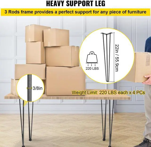 Alt view image 4 of 8 - VEVOR Hairpin Table Legs 22\" Black Set of 4 Desk Legs 880lbs Load Capacity (Each 220lbs) Hairpin Desk Legs 3 Rods for Bench Desk Dining End Table Chairs Carbon Steel DIY Heavy Duty Furniture Legs