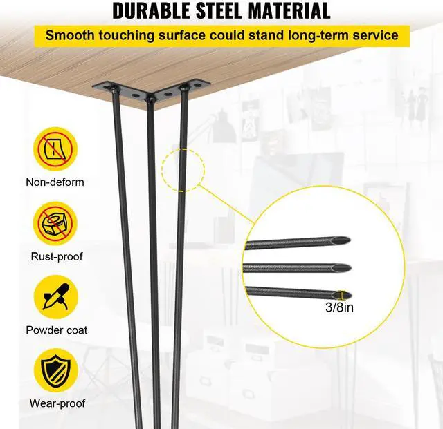Alt view image 5 of 8 - VEVOR Hairpin Table Legs 22\" Black Set of 4 Desk Legs 880lbs Load Capacity (Each 220lbs) Hairpin Desk Legs 3 Rods for Bench Desk Dining End Table Chairs Carbon Steel DIY Heavy Duty Furniture Legs