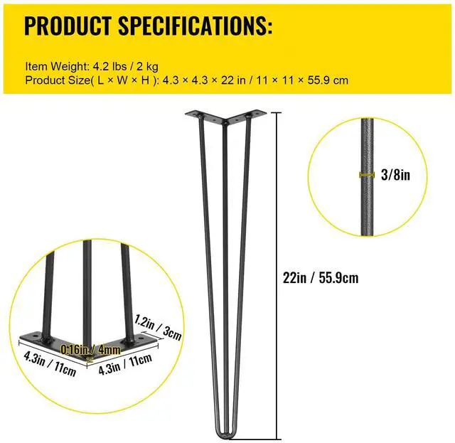 Alt view image 8 of 8 - VEVOR Hairpin Table Legs 22\" Black Set of 4 Desk Legs 880lbs Load Capacity (Each 220lbs) Hairpin Desk Legs 3 Rods for Bench Desk Dining End Table Chairs Carbon Steel DIY Heavy Duty Furniture Legs