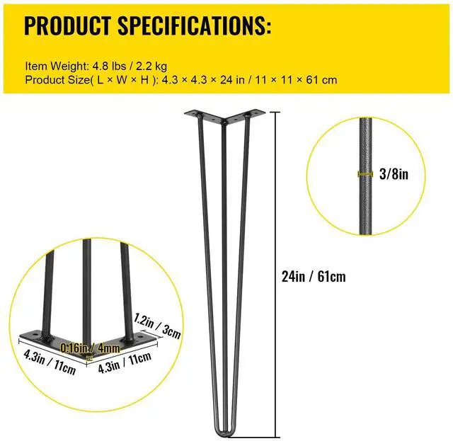 Alt view image 8 of 8 - VEVOR Hairpin Table Legs 24\" Black Set of 4 Desk Legs 880lbs Load Capacity (Each 220lbs) Hairpin Desk Legs 3 Rods for Bench Desk Dining End Table Chairs Carbon Steel DIY Heavy Duty Furniture Legs