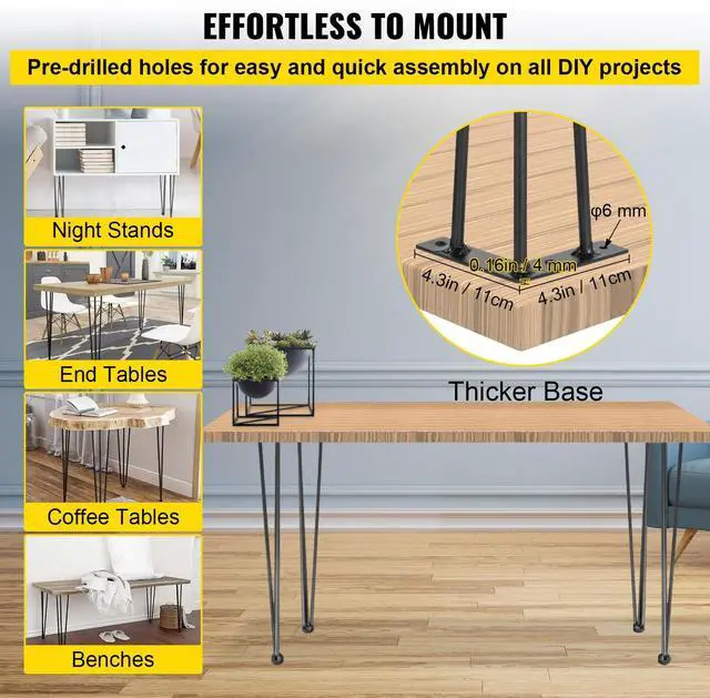 Alt view image 7 of 8 - VEVOR Hairpin Table Legs 34\" Black Set of 4 Desk Legs 880lbs Load Capacity (Each 220lbs) Hairpin Desk Legs 3 Rods for Bench Desk Dining End Table Chairs Carbon Steel DIY Heavy Duty Furniture Legs