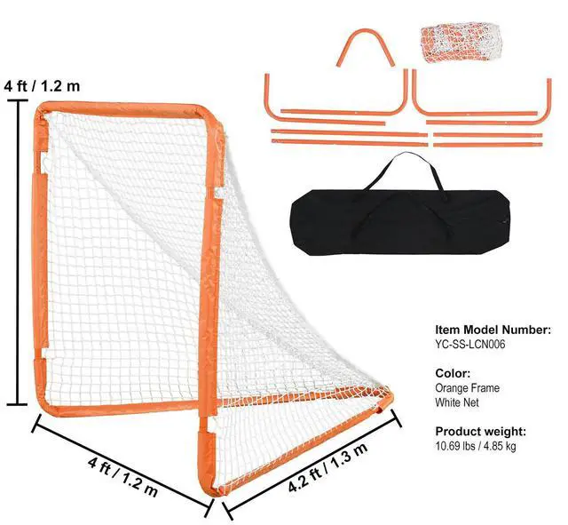 Alt view image 14 of 14 - VEVOR Lacrosse Goal, 4' x 4' Small Kids Lacrosse Net, Folding Portable Lacrosse Goal with Carry Bag, Iron Frame Backyard Training Equipment, Quick & Easy Setup, Perfect for Youth Training, Orange