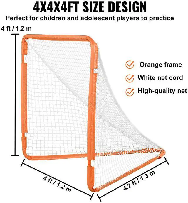 Alt view image 12 of 14 - VEVOR Lacrosse Goal, 4' x 4' Small Kids Lacrosse Net, Folding Portable Lacrosse Goal with Carry Bag, Iron Frame Backyard Training Equipment, Quick & Easy Setup, Perfect for Youth Training, Orange