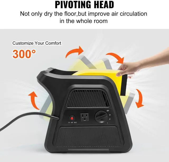 Alt view image 15 of 18 - VEVOR Pivoting Utility Fan, 600 CFM High Velocity Floor Blower for Drying, Cooling, Ventilating, Exhausting, 300 Blowing Angle Air Mover, Portable Carpet Dryer Fan for Home, Work Shop