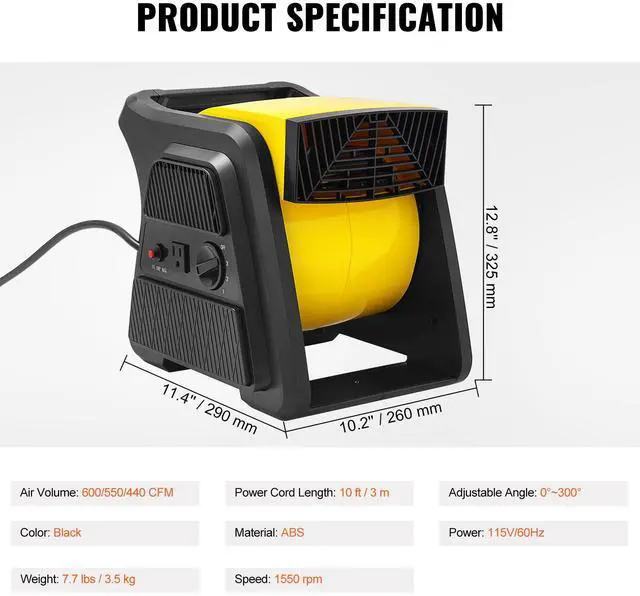 Alt view image 18 of 18 - VEVOR Pivoting Utility Fan, 600 CFM High Velocity Floor Blower for Drying, Cooling, Ventilating, Exhausting, 300 Blowing Angle Air Mover, Portable Carpet Dryer Fan for Home, Work Shop