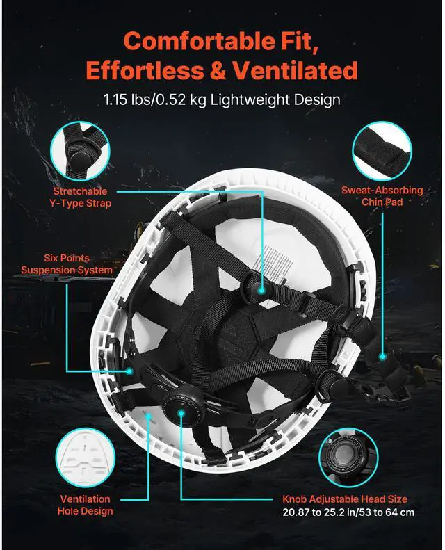 Alt view image 5 of 8 - VEVOR Construction Safety Helmet Vented Class C White Safety Hardhat for Men & Women