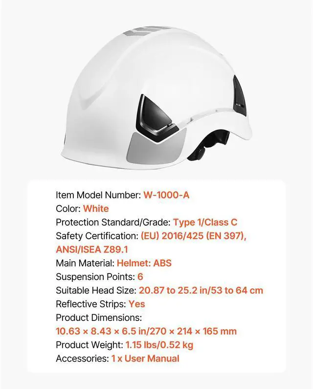 Alt view image 8 of 8 - VEVOR Construction Safety Helmet Vented Class C White Safety Hardhat for Men & Women