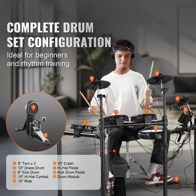 Alt view image 9 of 14 - VEVOR Electric Drum Set Electronic Drum Kit 480 Sounds for Beginners & Adults