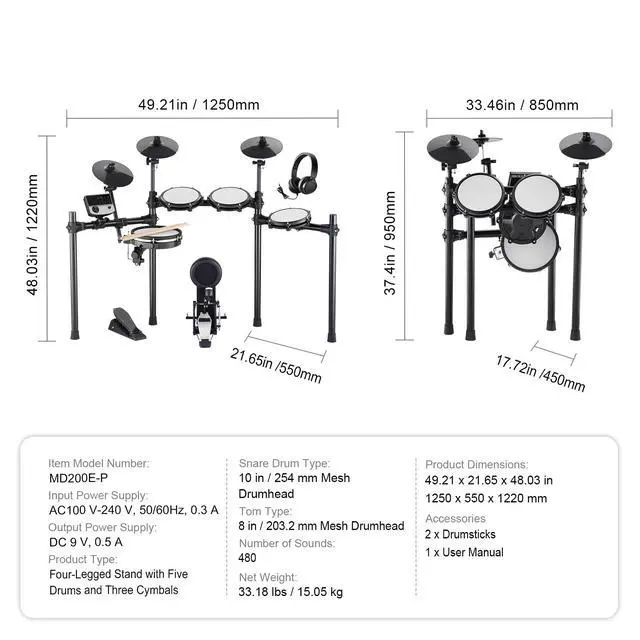 Alt view image 14 of 14 - VEVOR Electric Drum Set Electronic Drum Kit 480 Sounds for Beginners & Adults