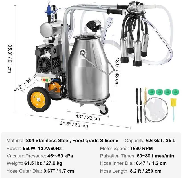 Alt view image 15 of 15 - VEVOR Electric Cow Milking Machine, 6.6 Gal / 25 L 304 Stainless Steel Bucket, Automatic Pulsation Vacuum Milker, Portable Milker with Food-grade Silicone Cups and Tubes, Adjustable Pressure