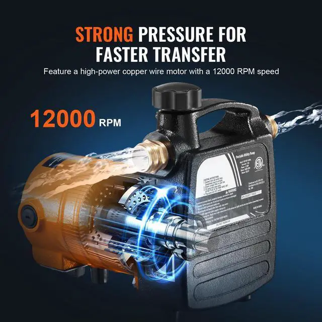 Alt view image 12 of 15 - VEVOR Cast Iron Water Transfer Pump, 115V AC 1600 GPH 1/2HP, Portable Electric Utility Pump with Carbon Brush, Filter, Brass Connectors, for Garden, Rain Barrel, Pool, Pond, Hot Tub, Aquarium Draining