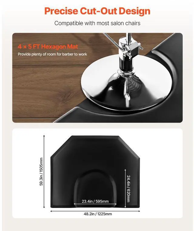 Alt view image 5 of 8 - VEVOR Salon Mat for Hair Stylist, 4 x 5 FT Hexagon Salon Chair Mat Anti Fatigue, 1-inch Thickened Barber Shop Floor Mat with Round Cut Out, Easy-to-Clean PVC Surface & Anti-Trip Beveled Edges