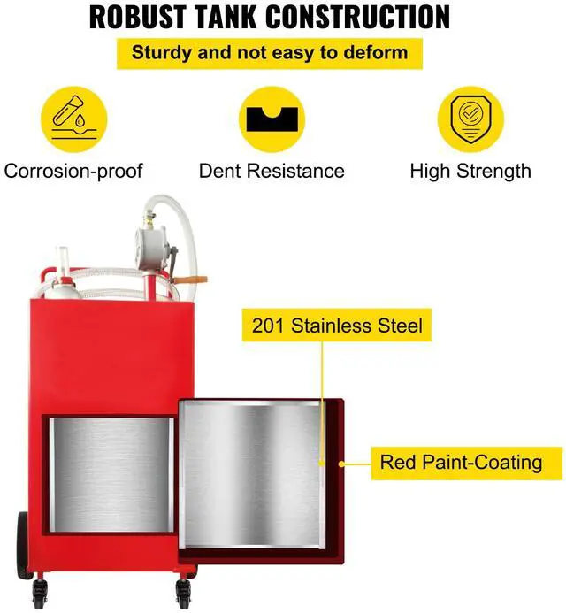 Alt view image 13 of 15 - VEVOR 30 Gallon Fuel Caddy, Gas Storage Tank & 4 Wheels, with Manuel Transfer Pump, Gasoline Diesel Fuel Container for Cars, Lawn Mowers, ATVs, Boats, More, Red