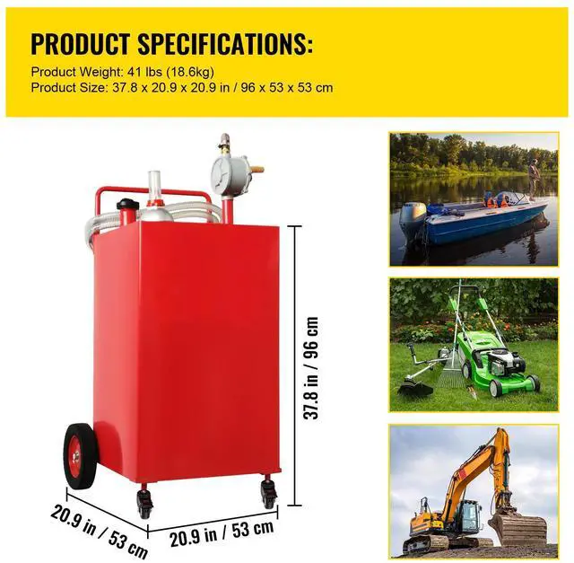 Alt view image 15 of 15 - VEVOR 30 Gallon Fuel Caddy, Gas Storage Tank & 4 Wheels, with Manuel Transfer Pump, Gasoline Diesel Fuel Container for Cars, Lawn Mowers, ATVs, Boats, More, Red