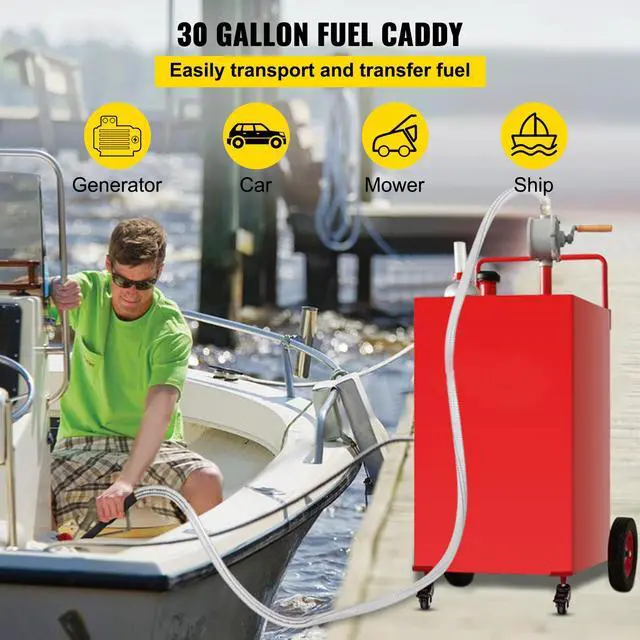 Alt view image 10 of 15 - VEVOR 30 Gallon Fuel Caddy, Gas Storage Tank & 4 Wheels, with Manuel Transfer Pump, Gasoline Diesel Fuel Container for Cars, Lawn Mowers, ATVs, Boats, More, Red