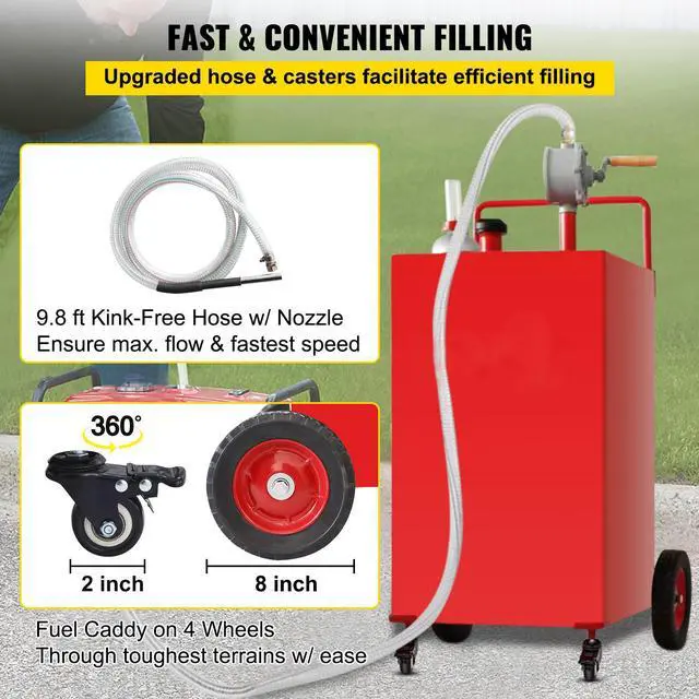Alt view image 14 of 15 - VEVOR 30 Gallon Fuel Caddy, Gas Storage Tank & 4 Wheels, with Manuel Transfer Pump, Gasoline Diesel Fuel Container for Cars, Lawn Mowers, ATVs, Boats, More, Red