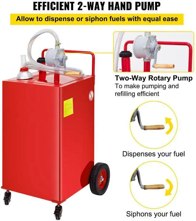 Alt view image 11 of 15 - VEVOR 30 Gallon Fuel Caddy, Gas Storage Tank & 4 Wheels, with Manuel Transfer Pump, Gasoline Diesel Fuel Container for Cars, Lawn Mowers, ATVs, Boats, More, Red