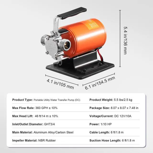 Alt view image 15 of 15 - VEVOR Water Transfer Pump, 12V DC 360 GPH 1/10HP, Portable Electric Utility Pump with 6 ft Suction Hose Kit, Impeller, Suction Strainer, for Garden, Rain Barrel, Pool, Pond, Hot Tub, Aquarium Draining