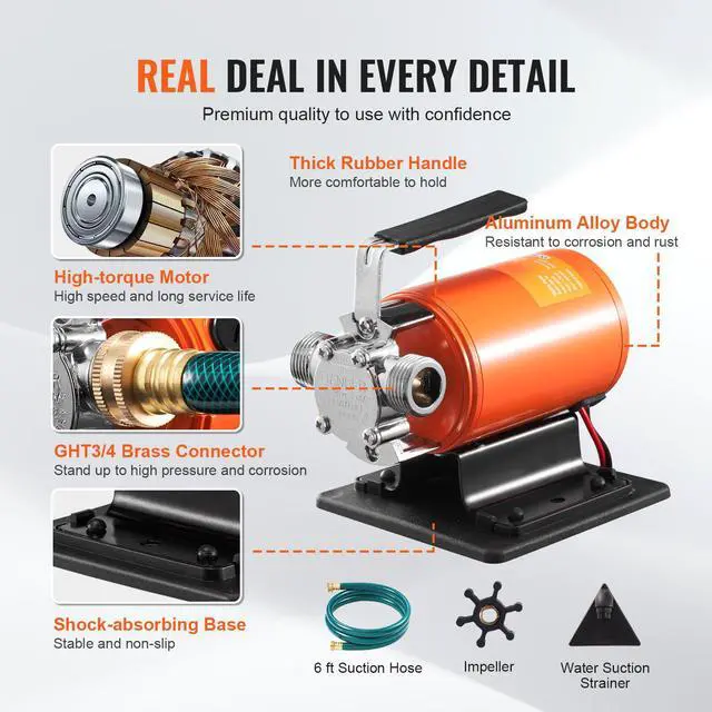 Alt view image 12 of 15 - VEVOR Water Transfer Pump, 12V DC 360 GPH 1/10HP, Portable Electric Utility Pump with 6 ft Suction Hose Kit, Impeller, Suction Strainer, for Garden, Rain Barrel, Pool, Pond, Hot Tub, Aquarium Draining