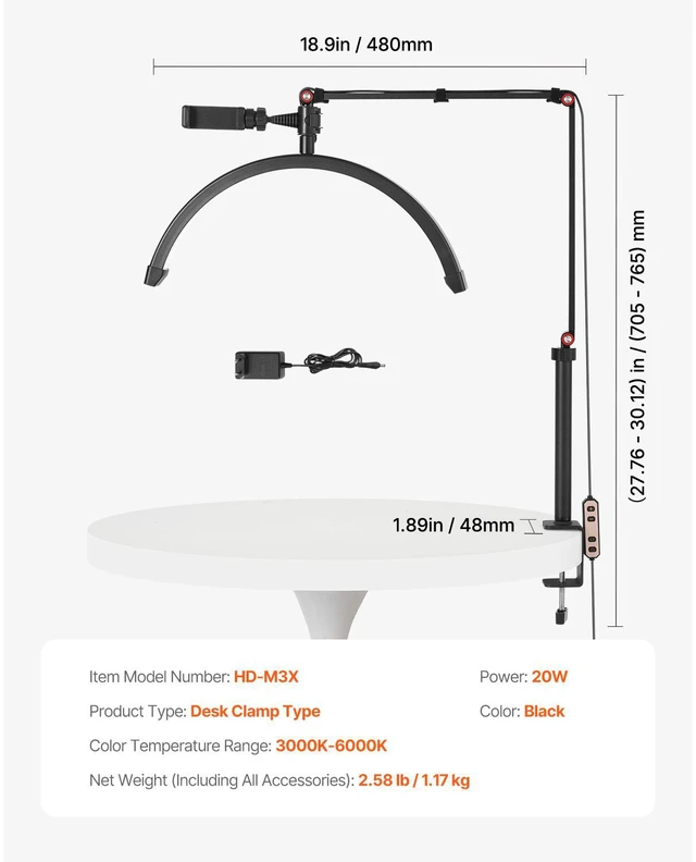 Alt view image 14 of 14 - VEVOR Nail Desk Light 20 W Clip on Half Moon Lash Light with Phone Holder Arched LED