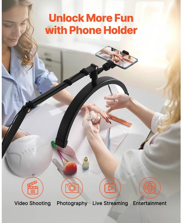 Alt view image 11 of 14 - VEVOR Nail Desk Light 20 W Clip on Half Moon Lash Light with Phone Holder Arched LED