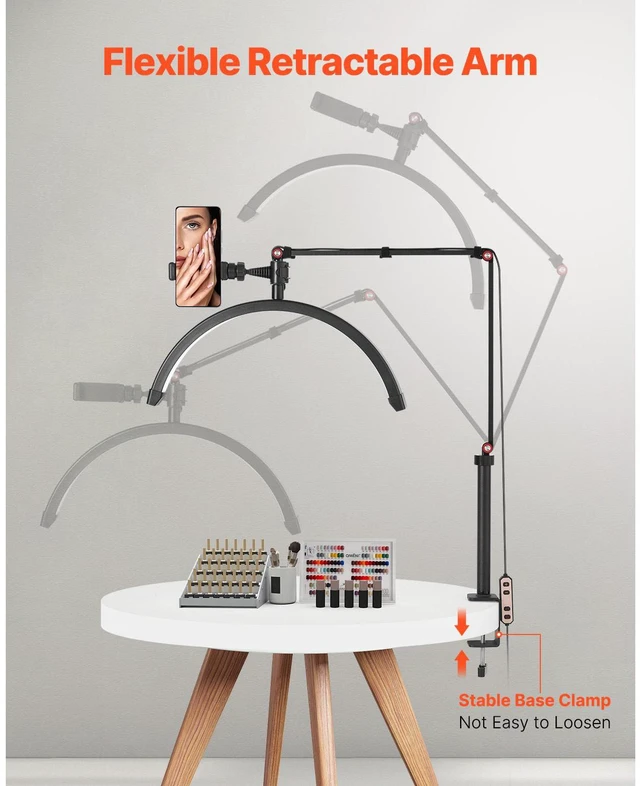 Alt view image 12 of 14 - VEVOR Nail Desk Light 20 W Clip on Half Moon Lash Light with Phone Holder Arched LED