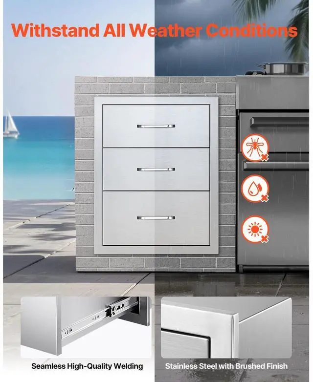 Alt view image 4 of 8 - VEVOR Outdoor Kitchen Drawers 18.11"W x 23.23"D x 23.23"H, Triple-Access Stainless Steel BBQ Drawers with Handles, BBQ Island Drawer for Outdoor Kitchens or Barbeque Island Patio Grill Station