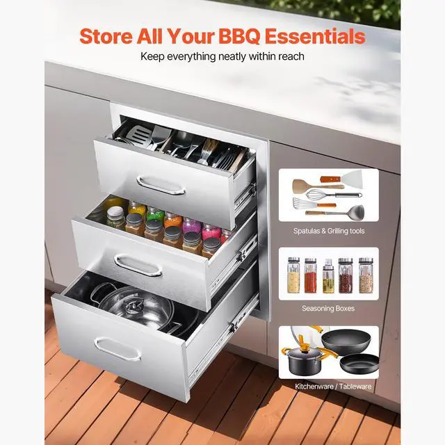 Alt view image 3 of 8 - VEVOR Outdoor Kitchen Drawers 18.11"W x 23.23"D x 23.23"H, Triple-Access Stainless Steel BBQ Drawers with Handles, BBQ Island Drawer for Outdoor Kitchens or Barbeque Island Patio Grill Station