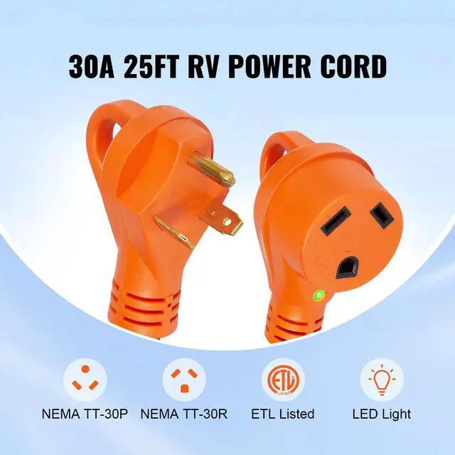 Alt view image 9 of 14 - VEVOR 25 ft RV Extension Cord, 30 Amp, Heavy Duty STW RV Power Cord, NEMA TT-30R Female NEMA TT-30P Male Plug, with LED Indicator Handle 15A Adapter, for RVs, trams, generators, campers, ETL Listed