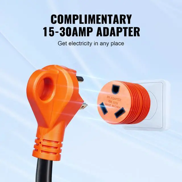 Alt view image 12 of 14 - VEVOR 25 ft RV Extension Cord, 30 Amp, Heavy Duty STW RV Power Cord, NEMA TT-30R Female NEMA TT-30P Male Plug, with LED Indicator Handle 15A Adapter, for RVs, trams, generators, campers, ETL Listed