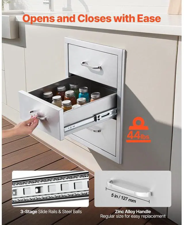 Alt view image 5 of 8 - VEVOR Outdoor Kitchen Drawers 18.11"W x 23.23"D x 23.23"H, Triple-Access Stainless Steel BBQ Drawers with Handles, BBQ Island Drawer for Outdoor Kitchens or Barbeque Island Patio Grill Station