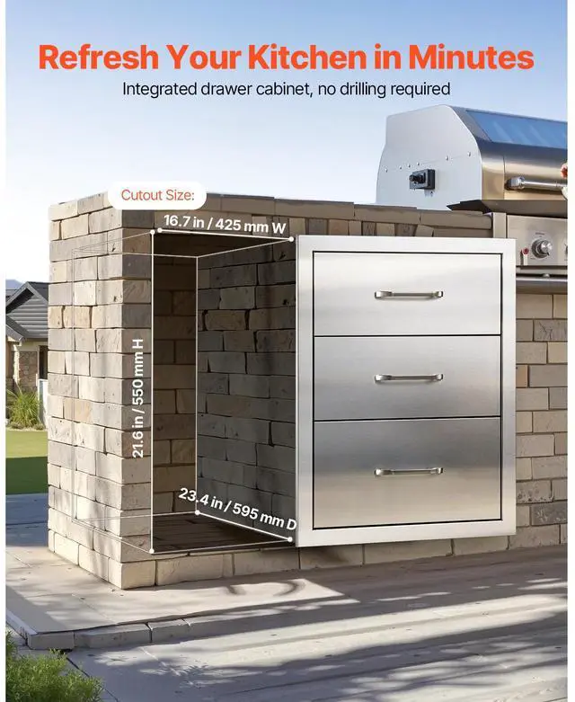 Alt view image 6 of 8 - VEVOR Outdoor Kitchen Drawers 18.11"W x 23.23"D x 23.23"H, Triple-Access Stainless Steel BBQ Drawers with Handles, BBQ Island Drawer for Outdoor Kitchens or Barbeque Island Patio Grill Station