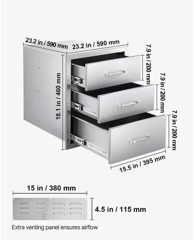 Alt view image 8 of 8 - VEVOR Outdoor Kitchen Drawers 18.11"W x 23.23"D x 23.23"H, Triple-Access Stainless Steel BBQ Drawers with Handles, BBQ Island Drawer for Outdoor Kitchens or Barbeque Island Patio Grill Station
