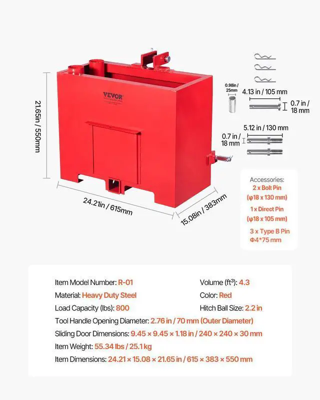 Alt view image 9 of 9 - VEVOR Ballast Box 3 Point Category 1 Tractor Quick Tach Hitch Counterweight Red