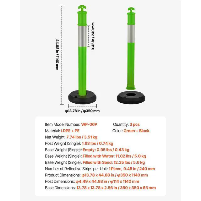 Alt view image 8 of 8 - VEVOR 3 Packs Traffic Delineator Posts 48 in Safety Cones Fillable Base Green