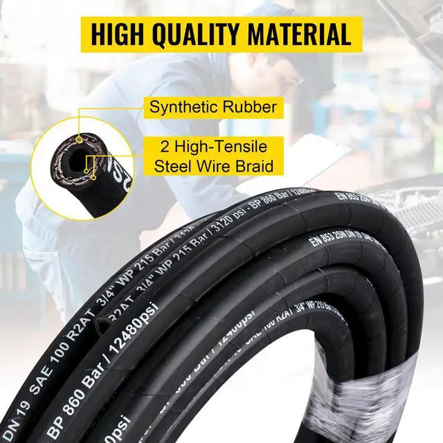 Alt view image 2 of 7 - Hydraulic Hose 3/8 inch x 100 ft, Coiled Hydraulic Hose 4800 PSI, Rubber Hydraulic Hose with 2 High-Tensile Steel Wire Braid, Bulk Hydraulic Hose -20°C to 140°C, Hydraulic Oil Flexible Hose