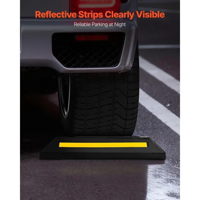 Alt view image 4 of 7 - Parking Stopper, 21.6 Inch 2 Pcs Heavy Duty Parking Aid for Garage, Rubber Curb Garage Floor Stopper with Reflective Strips, Aid Gadgets for Cars Vans Trucks Tire Wheel Guide Block Stops Bumpers