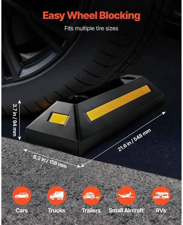Alt view image 2 of 7 - Parking Stopper, 21.6 Inch 2 Pcs Heavy Duty Parking Aid for Garage, Rubber Curb Garage Floor Stopper with Reflective Strips, Aid Gadgets for Cars Vans Trucks Tire Wheel Guide Block Stops Bumpers