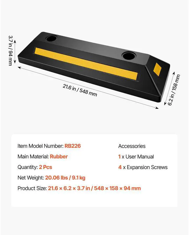 Alt view image 7 of 7 - Parking Stopper, 21.6 Inch 2 Pcs Heavy Duty Parking Aid for Garage, Rubber Curb Garage Floor Stopper with Reflective Strips, Aid Gadgets for Cars Vans Trucks Tire Wheel Guide Block Stops Bumpers