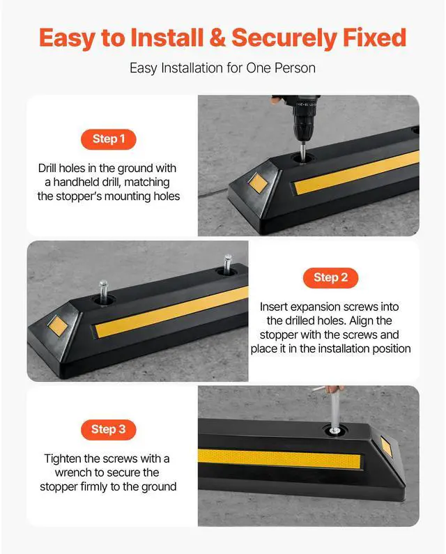 Alt view image 5 of 7 - Parking Stopper, 21.6 Inch 2 Pcs Heavy Duty Parking Aid for Garage, Rubber Curb Garage Floor Stopper with Reflective Strips, Aid Gadgets for Cars Vans Trucks Tire Wheel Guide Block Stops Bumpers