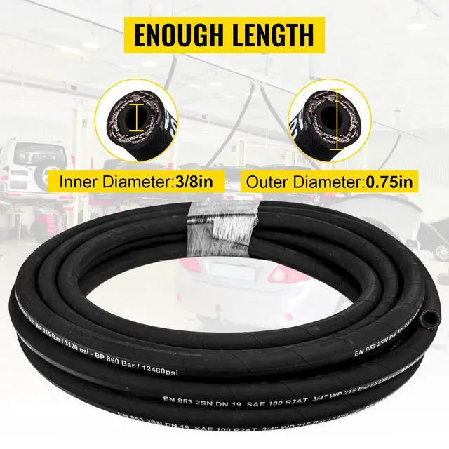 Alt view image 3 of 7 - Hydraulic Hose 3/8 inch x 100 ft, Coiled Hydraulic Hose 4800 PSI, Rubber Hydraulic Hose with 2 High-Tensile Steel Wire Braid, Bulk Hydraulic Hose -20°C to 140°C, Hydraulic Oil Flexible Hose