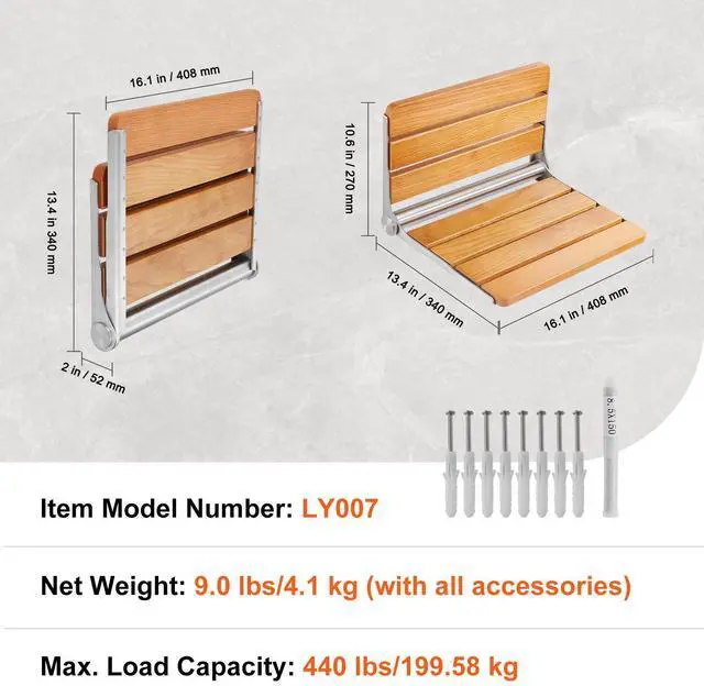 Alt view image 14 of 14 - VEVOR Folding Oak Shower Seat, 16.1" x 13.4" Unfolded, Wall Mounted Fold Up Shower Bench with 440 lbs Load Capacity, Space Saving Home Care Fold Down Shower Chair, for Seniors Pregnant Women Children