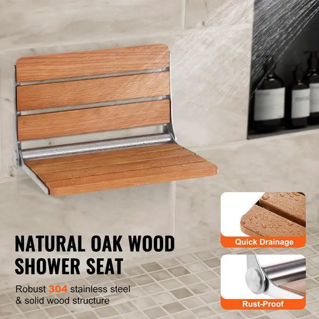 Alt view image 9 of 14 - VEVOR Folding Oak Shower Seat, 16.1" x 13.4" Unfolded, Wall Mounted Fold Up Shower Bench with 440 lbs Load Capacity, Space Saving Home Care Fold Down Shower Chair, for Seniors Pregnant Women Children