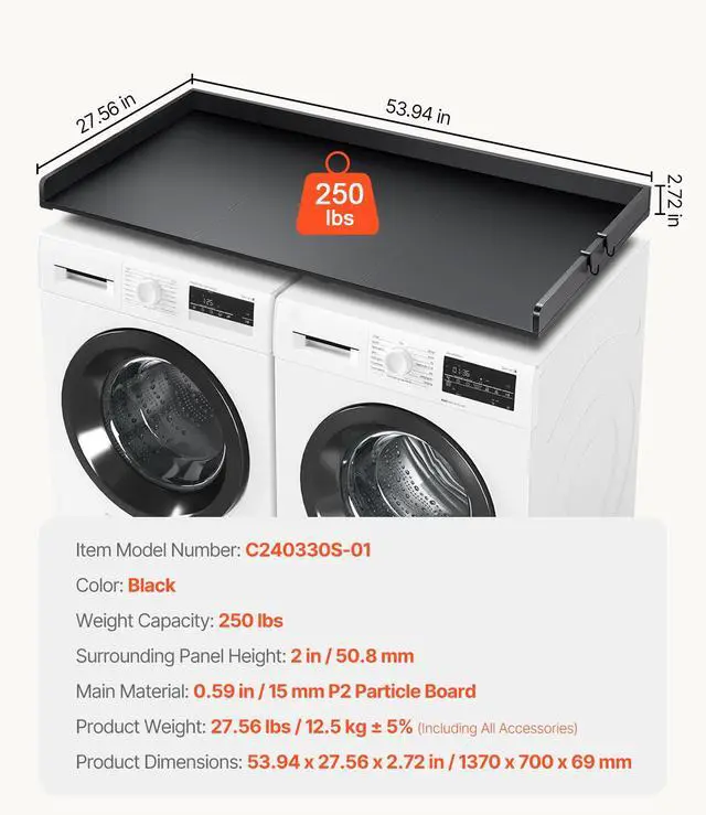 Alt view image 14 of 14 - VEVOR Washer Dryer Countertop, 27.5" Depth x 54" Width, Washer Dryer Wood Top for Laundry Room Organization with Edge Rails (Black)