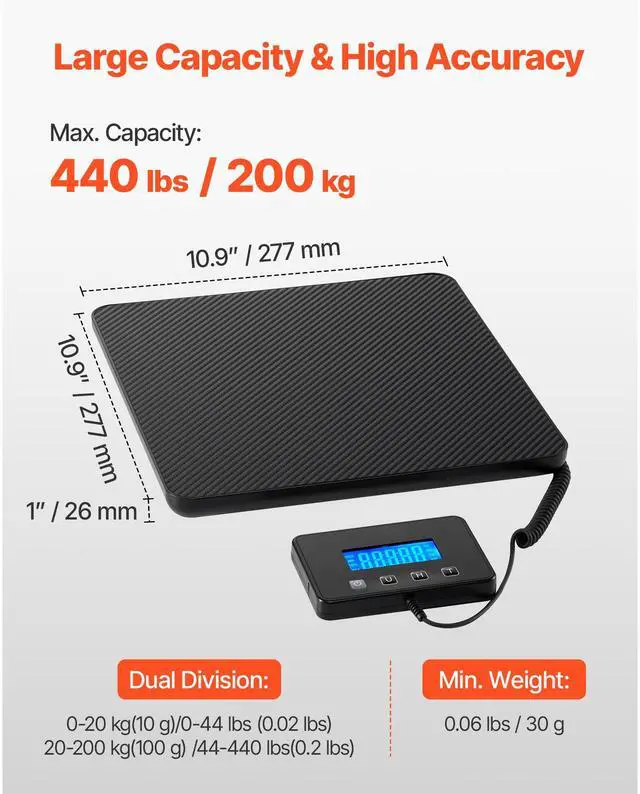Alt view image 2 of 7 - Digital Postal Scale, 0.35 oz/3.5 oz Dual Accuracy, 440 lbs Commercial Weight Scale with Hold/Tare Function & LCD Display, Fit for Packages, Postage, Luggage, Battery & Charging Cable Included