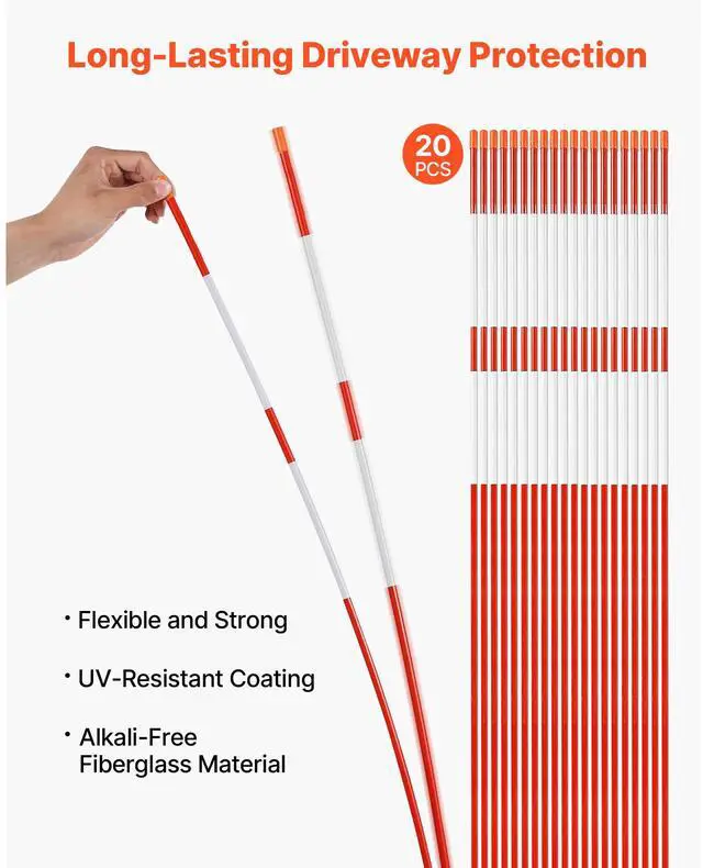 Alt view image 2 of 7 - Driveway Markers, 20Pcs 58 in Long 5/16 in Dia, Hi-Visibility Driveway Reflectors with 12 in Steel Drill Bits, Reflective Snow Sticks Fiberglass Pole for Parking Lots, Walkways, Snow Plowing
