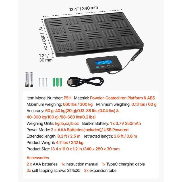 Alt view image 7 of 7 - Digital Postal Scale, 0.7 oz/3.5 oz Dual Accuracy, 660 lbs Commercial Weight Scale with Hold/Tare Function & LCD Display, Fit for Packages, Postage, Luggage, Battery & Charging Cable Included