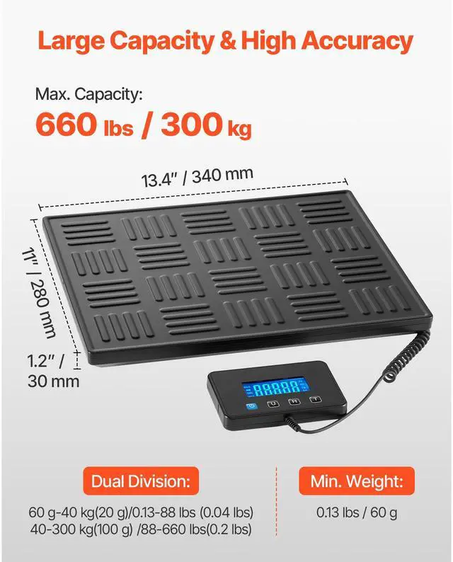 Alt view image 2 of 7 - Digital Postal Scale, 0.7 oz/3.5 oz Dual Accuracy, 660 lbs Commercial Weight Scale with Hold/Tare Function & LCD Display, Fit for Packages, Postage, Luggage, Battery & Charging Cable Included